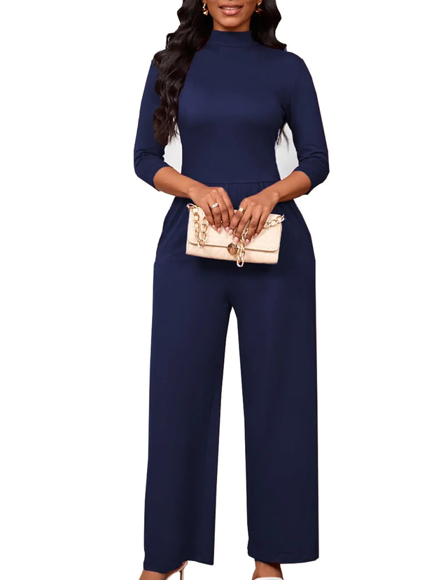 Bdwinz Womens One Piece 3/4 Sleeve Mock Neck Jumpsuits Women Dressy Casual Wide Leg Long Pants Romper with Pockets